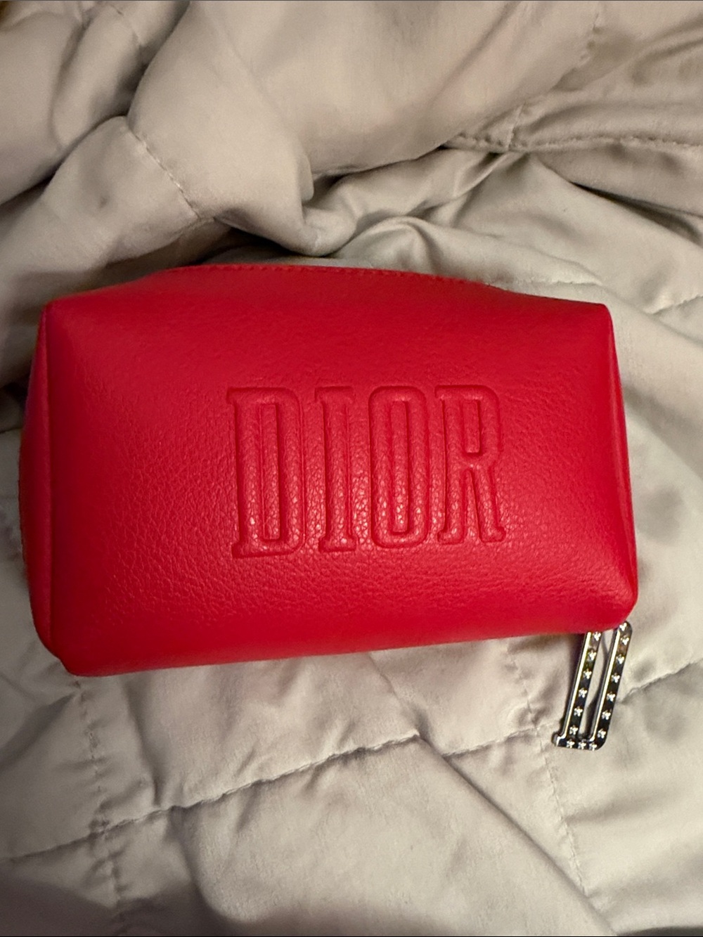 Dior Red Embossed Logo Cosmetic Makeup Pouch Bag w/ Zipper